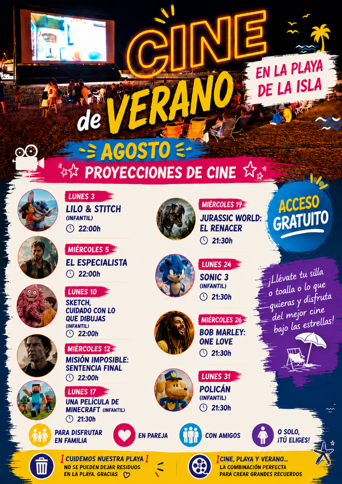 Cine de verano en agosto,  en la playa de la isla 